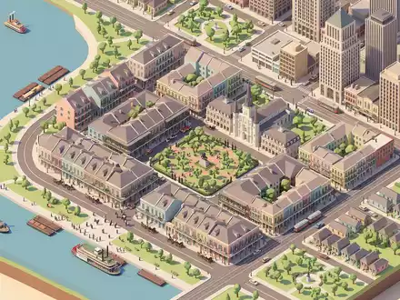 Isometrisches Diorama von French Quarter New Orleans und Umgebung in New Orleans USA, verspielte Low-Poly-Kulisse - Foto: THN