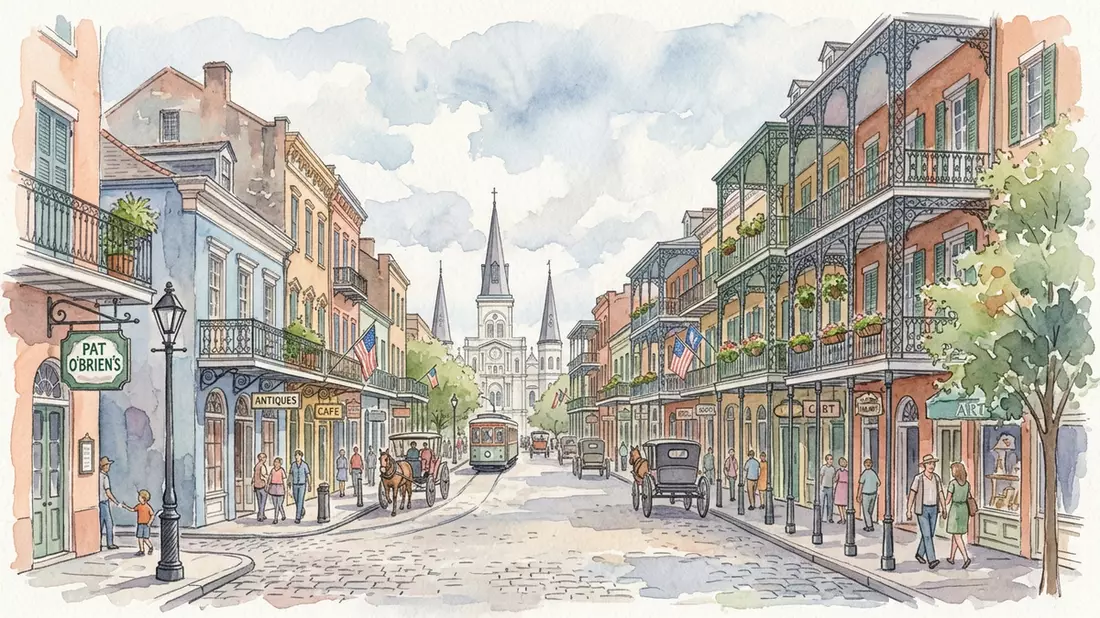 Aquarell-Illustration von French Quarter New Orleans in New Orleans, USA als Reiseposter