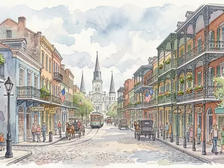 Aquarellillustration des Wahrzeichens French Quarter New Orleans in New Orleans USA, weiche Farbverläufe und pastelliges - Foto: THN