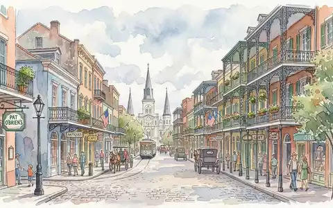 Aquarellillustration des Wahrzeichens French Quarter New Orleans in New Orleans USA, weiche Farbverläufe und pastelliges - Foto: THN