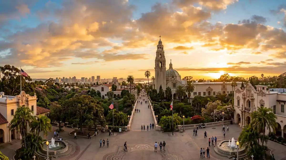 Fotorealistische Ansicht von Balboa Park in San Diego, USA im Abendlicht
