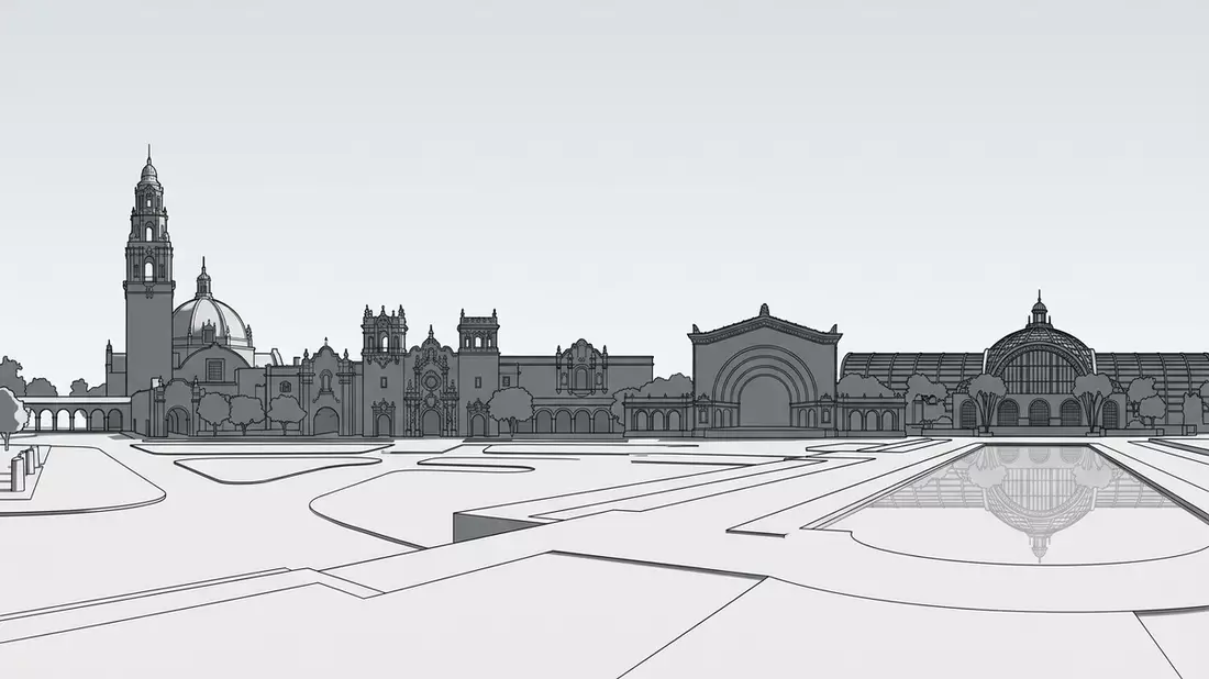 Architektur-Render von Balboa Park in San Diego, USA bei Tageslicht