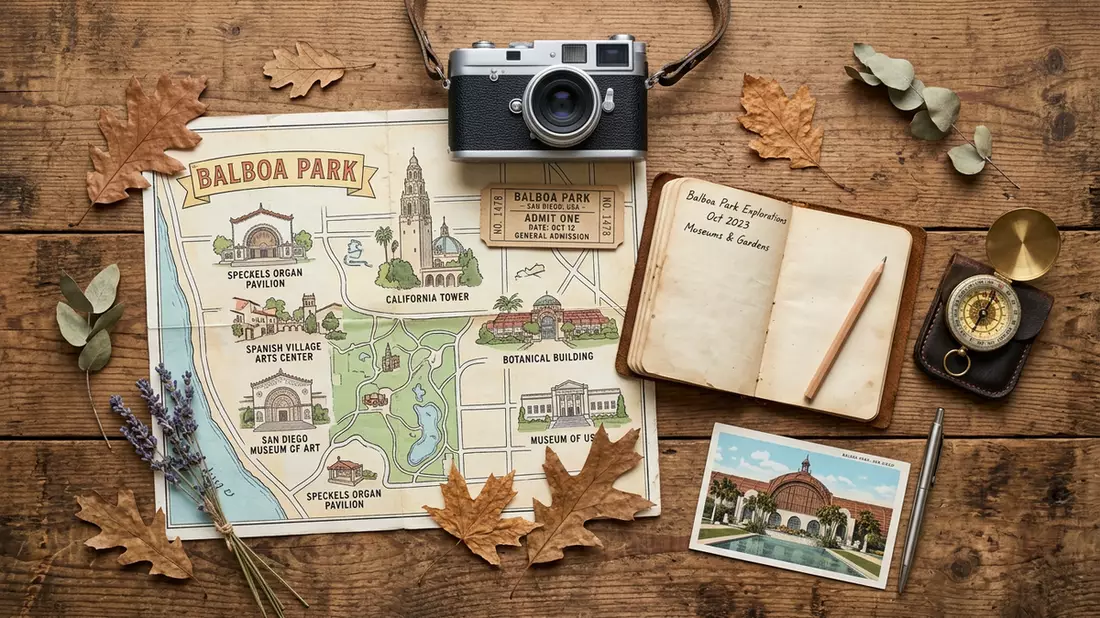 Flatlay-Reise-Arrangement rund um Balboa Park in San Diego, USA
