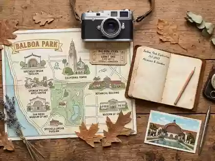 Flatlay-Reise-Arrangement rund um Balboa Park in San Diego USA, Karte Kompass Kamera und generische Reiserequisiten - Foto: THN