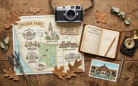 Flatlay-Reise-Arrangement rund um Balboa Park in San Diego USA, Karte Kompass Kamera und generische Reiserequisiten - Foto: THN