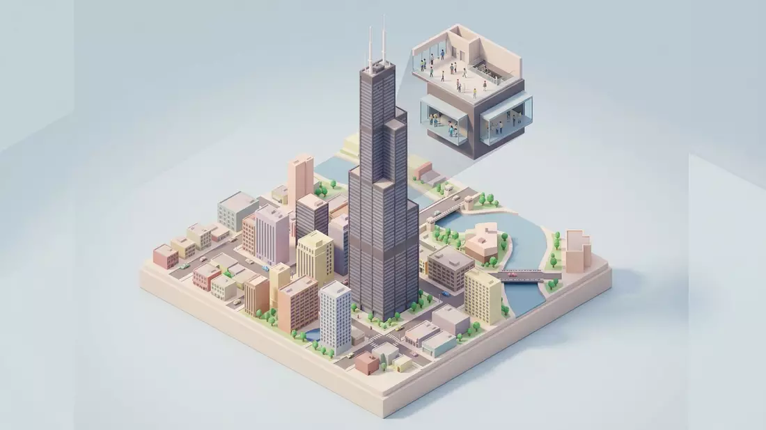 Isometrisches Diorama von Willis Tower Skydeck in Chicago, USA in Pastell