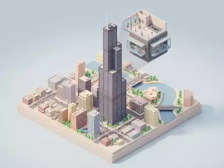 Isometrisches Diorama von Willis Tower Skydeck und Umgebung in Chicago USA, verspielte Low-Poly-Kulisse in Pastellfarben - Foto: THN