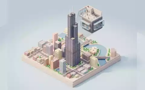 Isometrisches Diorama von Willis Tower Skydeck und Umgebung in Chicago USA, verspielte Low-Poly-Kulisse in Pastellfarben - Foto: THN