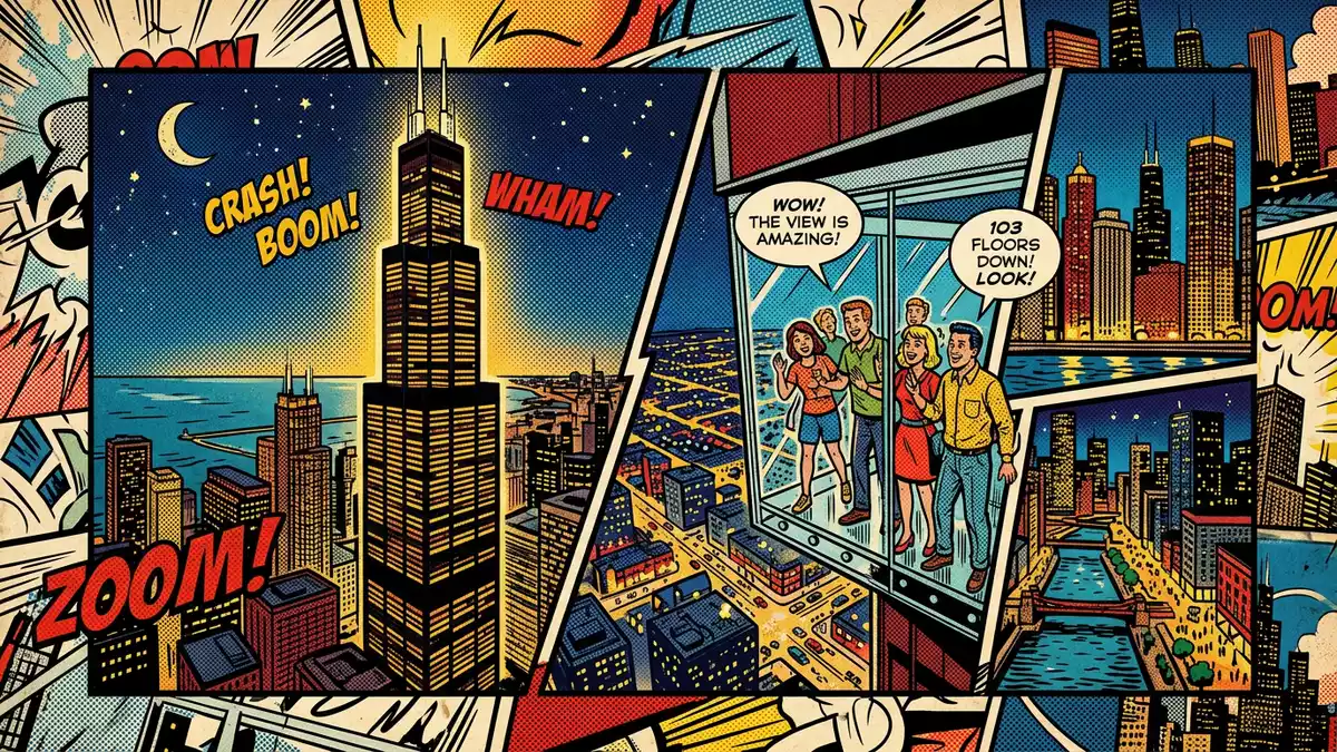 Pop-Art-Comic von Willis Tower Skydeck in Chicago, USA mit Rasterpunkten