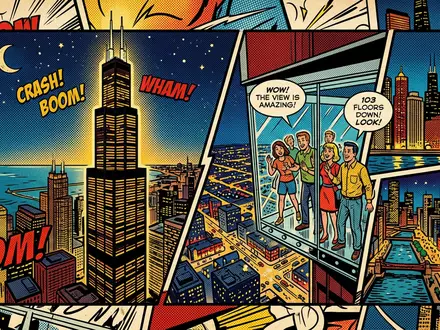 Pop-Art-Comicillustration des Wahrzeichens Willis Tower Skydeck in Chicago USA, kraeftige Konturen Rasterpunkte und satte Farben - Foto: THN