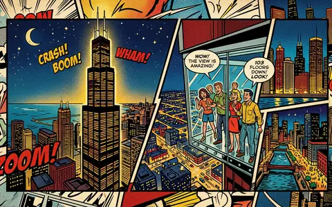 Pop-Art-Comicillustration des Wahrzeichens Willis Tower Skydeck in Chicago USA, kraeftige Konturen Rasterpunkte und satte Farben - Foto: THN