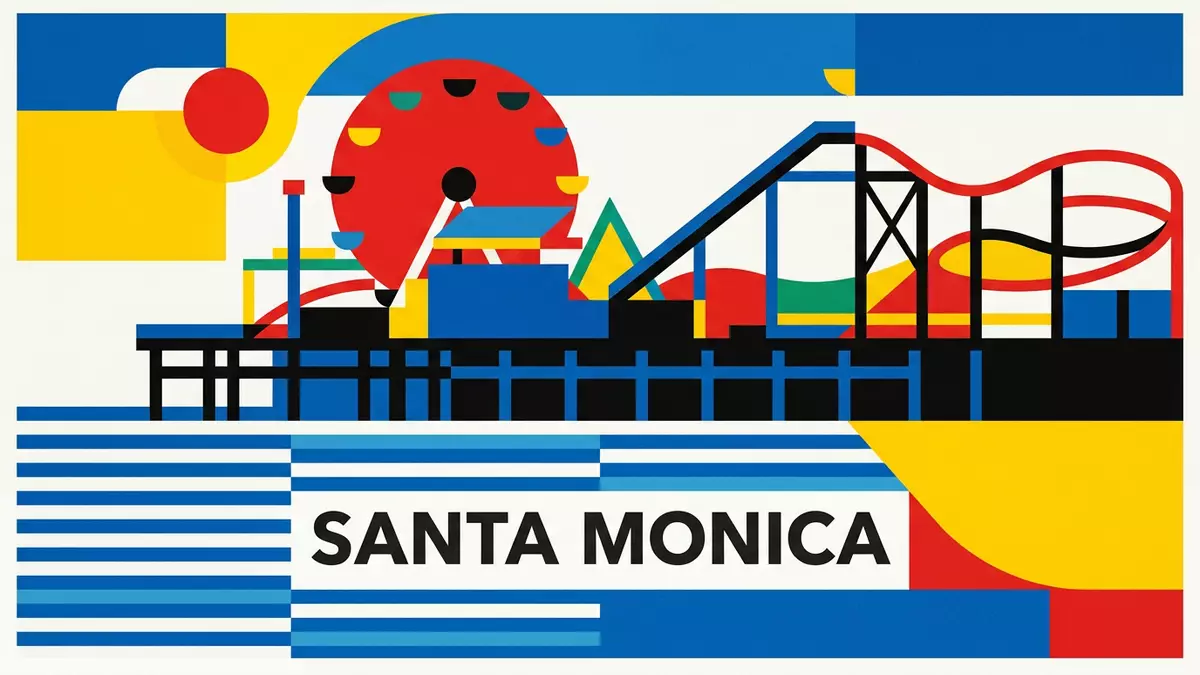 Bauhaus-Poster als Abstraktion von Santa Monica Pier in Santa Monica, USA