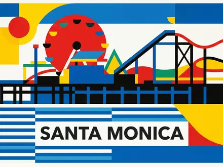 Bauhaus-Poster als geometrische Abstraktion von Santa Monica Pier in Santa Monica USA, kraeftige Grundfarben und - Foto: THN