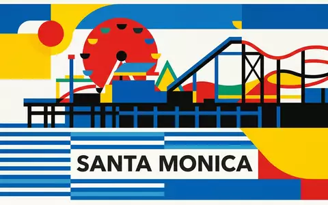 Bauhaus-Poster als geometrische Abstraktion von Santa Monica Pier in Santa Monica USA, kraeftige Grundfarben und - Foto: THN