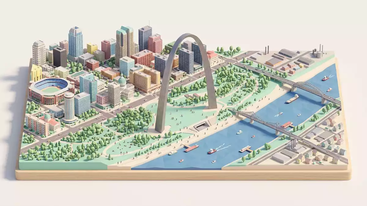 Isometrisches Diorama von Gateway Arch St. Louis in St. Louis, USA in Pastell