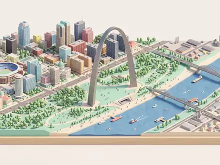 Isometrisches Diorama von Gateway Arch St. Louis und Umgebung in St. Louis USA, verspielte Low-Poly-Kulisse - Foto: THN