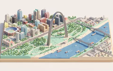 Isometrisches Diorama von Gateway Arch St. Louis und Umgebung in St. Louis USA, verspielte Low-Poly-Kulisse - Foto: THN