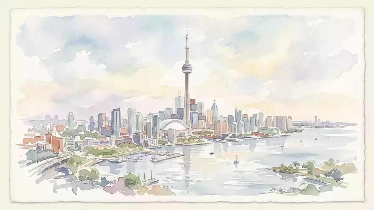 Aquarell-Illustration von CN Tower Toronto in Toronto, Kanada als Reiseposter