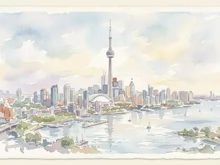 Aquarellillustration des Wahrzeichens CN Tower Toronto in Toronto Kanada, weiche Farbverläufe und pastelliges Reiseposter-Feeling - Foto: THN