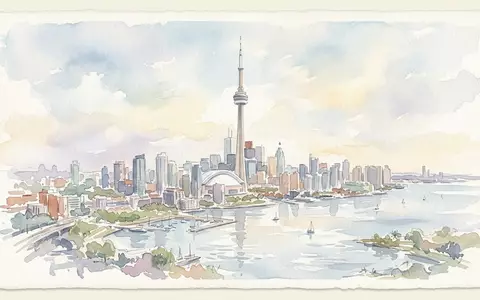 Aquarellillustration des Wahrzeichens CN Tower Toronto in Toronto Kanada, weiche Farbverläufe und pastelliges Reiseposter-Feeling - Foto: THN