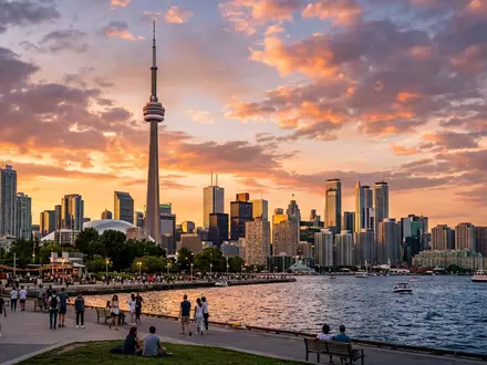 Fotorealistische Panoramaaufnahme von CN Tower Toronto in Toronto Kanada, warmes Abendlicht auf Wahrzeichen - Foto: THN