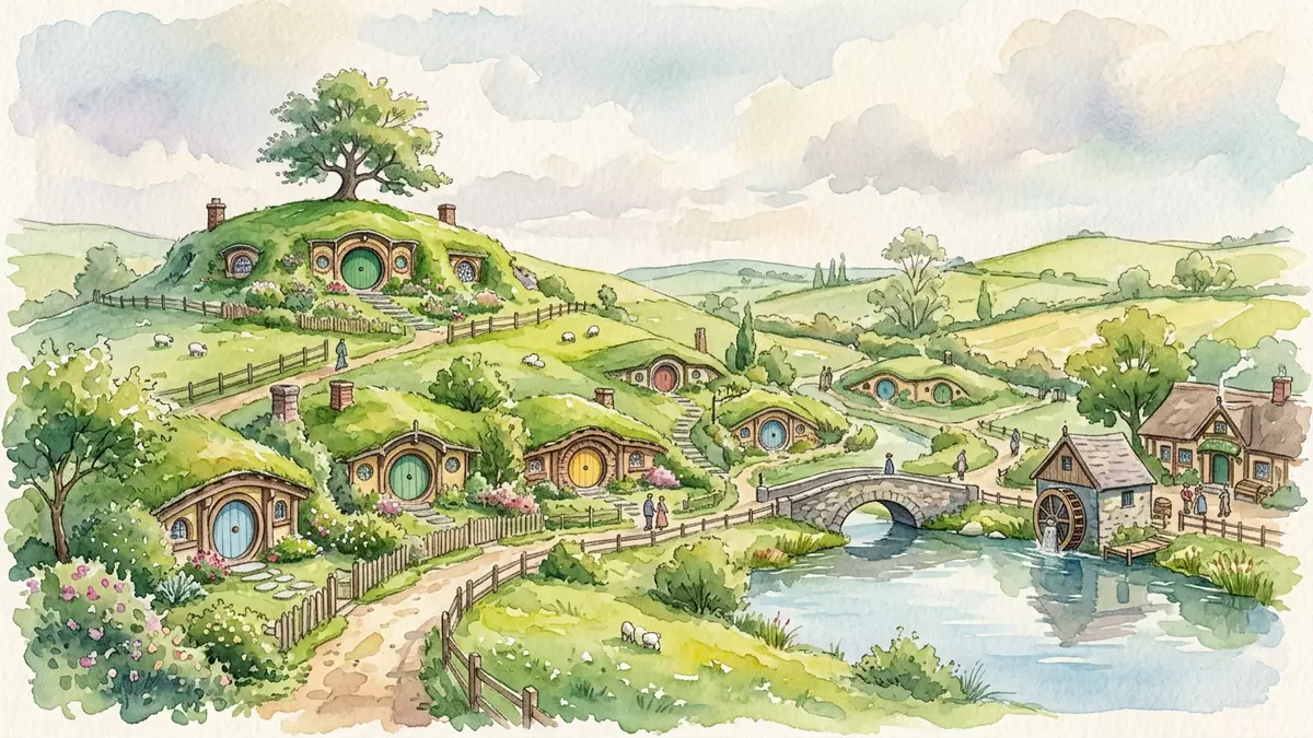 Aquarell-Illustration von Hobbiton Filmset in Matamata, Neuseeland als Reiseposter