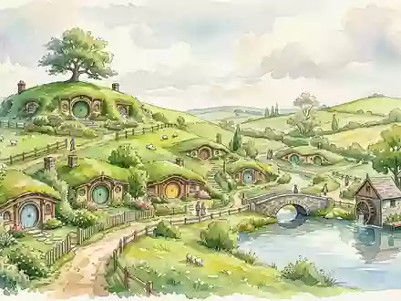 Aquarellillustration des Wahrzeichens Hobbiton Filmset in Matamata Neuseeland, weiche Farbverläufe und pastelliges Reiseposter-Feeling - Foto: THN