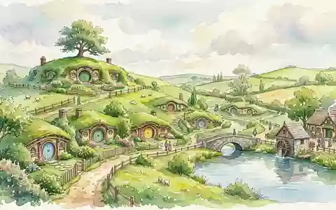 Aquarellillustration des Wahrzeichens Hobbiton Filmset in Matamata Neuseeland, weiche Farbverläufe und pastelliges Reiseposter-Feeling - Foto: THN
