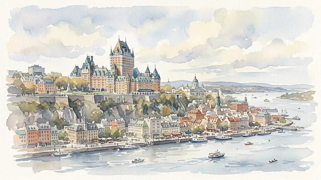 Aquarell-Illustration von Altstadt Quebec in Quebec, Kanada als Reiseposter