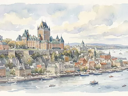 Aquarellillustration des Wahrzeichens Altstadt Quebec in Quebec Kanada, weiche Farbverläufe und pastelliges Reiseposter-Feeling - Foto: THN