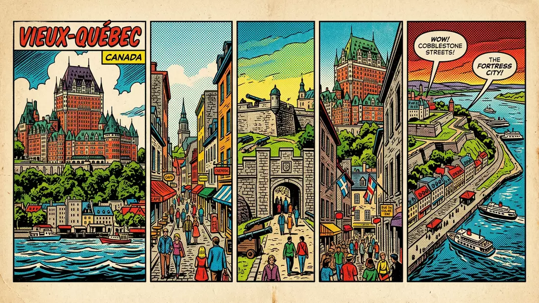 Pop-Art-Comic von Altstadt Quebec in Quebec, Kanada mit Rasterpunkten
