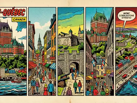 Pop-Art-Comicillustration des Wahrzeichens Altstadt Quebec in Quebec Kanada, kraeftige Konturen Rasterpunkte und satte Farben - Foto: THN