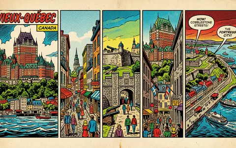 Pop-Art-Comicillustration des Wahrzeichens Altstadt Quebec in Quebec Kanada, kraeftige Konturen Rasterpunkte und satte Farben - Foto: THN
