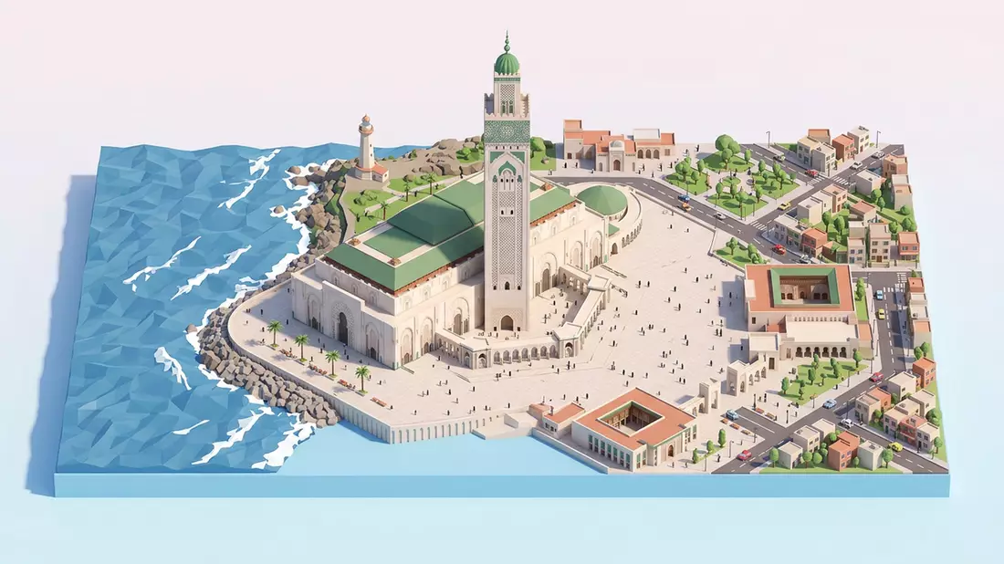 Isometrisches Diorama von Hassan-II.-Moschee Casablanca in Casablanca, Marokko in Pastell