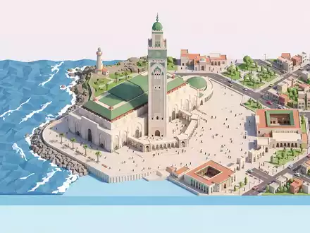Isometrisches Diorama von Hassan-II.-Moschee Casablanca und Umgebung in Casablanca Marokko, verspielte Low-Poly-Kulisse in Pastellfarben - Foto: THN