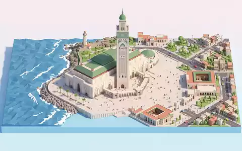 Isometrisches Diorama von Hassan-II.-Moschee Casablanca und Umgebung in Casablanca Marokko, verspielte Low-Poly-Kulisse in Pastellfarben - Foto: THN