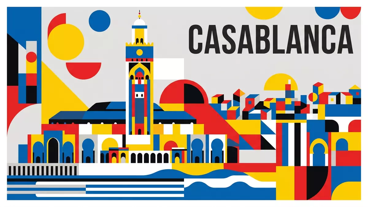 Bauhaus-Poster als Abstraktion von Hassan-II.-Moschee Casablanca in Casablanca, Marokko