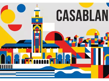Bauhaus-Poster als geometrische Abstraktion von Hassan-II.-Moschee Casablanca in Casablanca Marokko, kraeftige Grundfarben und harte Formkanten - Foto: THN