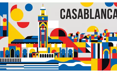 Bauhaus-Poster als geometrische Abstraktion von Hassan-II.-Moschee Casablanca in Casablanca Marokko, kraeftige Grundfarben und harte Formkanten - Foto: THN