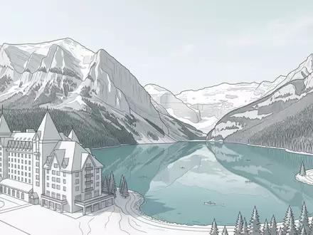 Moderner Architektur-Render zeigt Silhouette von Lake Louise in Lake Louise Kanada, klare Linien und neutrales - Foto: THN