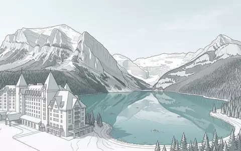 Moderner Architektur-Render zeigt Silhouette von Lake Louise in Lake Louise Kanada, klare Linien und neutrales - Foto: THN