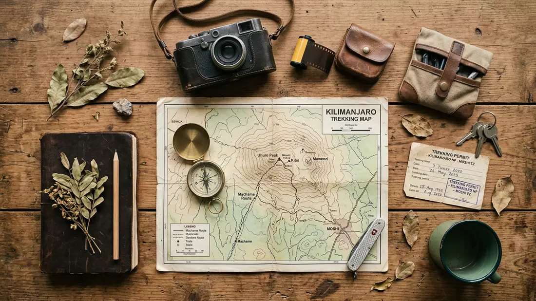 Flatlay-Reise-Arrangement rund um Kilimandscharo in Moshi, Tansania