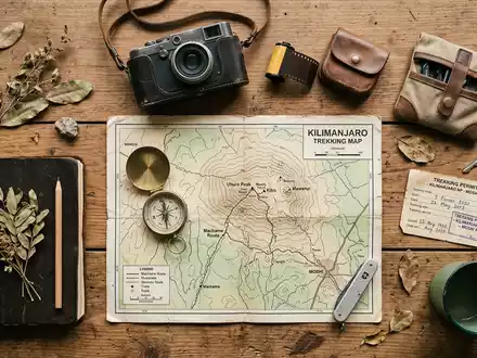 Flatlay-Reise-Arrangement rund um Kilimandscharo in Moshi Tansania, Karte Kompass Kamera und generische Reiserequisiten - Foto: THN