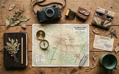 Flatlay-Reise-Arrangement rund um Kilimandscharo in Moshi Tansania, Karte Kompass Kamera und generische Reiserequisiten - Foto: THN