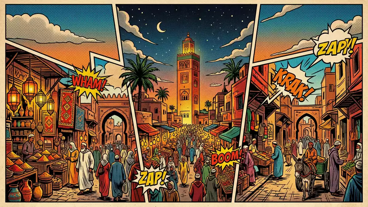 Pop-Art-Comic von Medina von Marrakesch in Marrakesch, Marokko mit Rasterpunkten