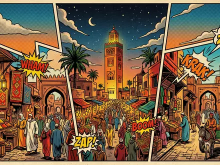 Pop-Art-Comicillustration des Wahrzeichens Medina von Marrakesch in Marrakesch Marokko, kraeftige Konturen Rasterpunkte und satte Farben - Foto: THN