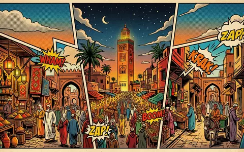 Pop-Art-Comicillustration des Wahrzeichens Medina von Marrakesch in Marrakesch Marokko, kraeftige Konturen Rasterpunkte und satte Farben - Foto: THN