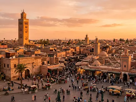 Fotorealistische Panoramaaufnahme von Medina von Marrakesch in Marrakesch Marokko, warmes Abendlicht auf Wahrzeichen - Foto: THN
