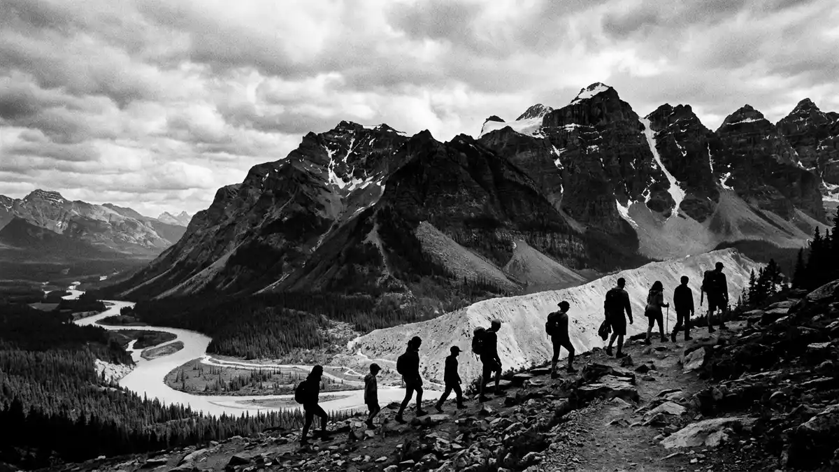 Schwarzweiss-Reportage vom Wahrzeichen Banff-Nationalpark in Banff, Kanada