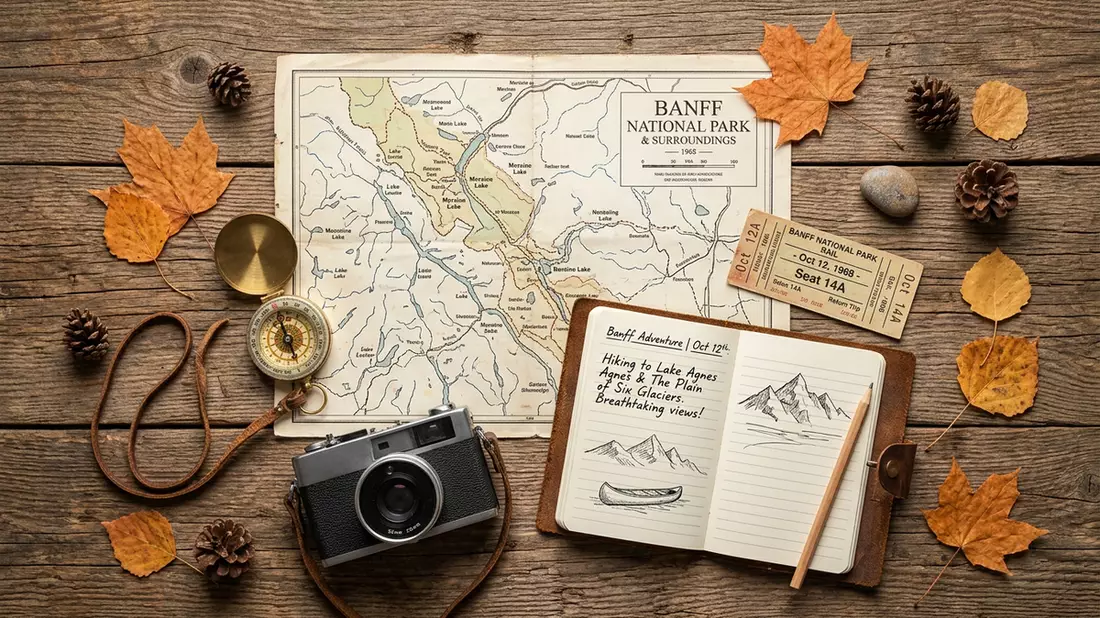 Flatlay-Reise-Arrangement rund um Banff-Nationalpark in Banff, Kanada